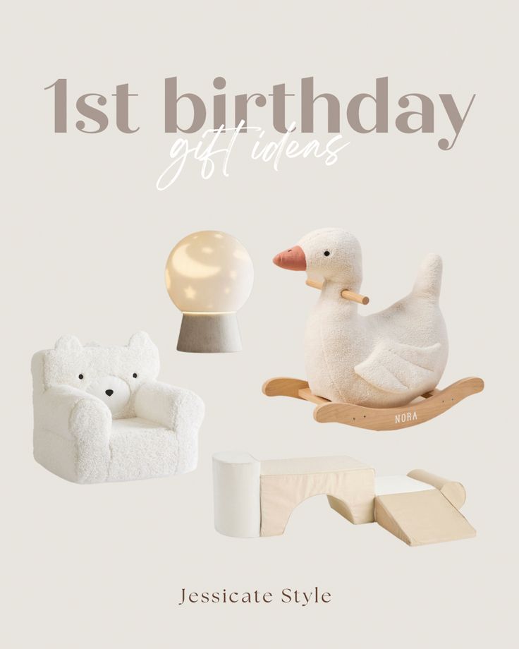 the first birthday gift items include a rocking duck, polar bear, and snowman