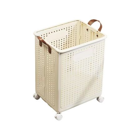 a white plastic basket on wheels with brown handles