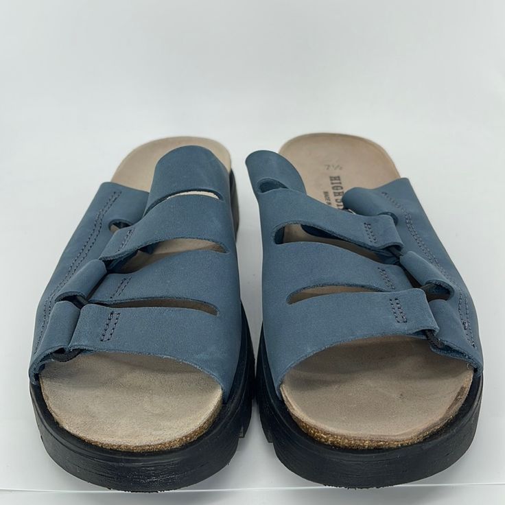 Brand New In Box. Made In Spain. Blue Suede Upper With Black Sole. Comfortable Blue Closed Toe Sandals, Blue Round Toe Mules, Comfortable Blue Sandals With Rubber Sole, Blue Open Toe Sandals With Ortholite Insole, Casual Blue Mules With Leather Footbed, Casual Blue Slip-on Footbed Sandals, Casual Blue Mules With Flat Heel, Casual Blue Flat-heel Mules, Blue Mules With Removable Insole