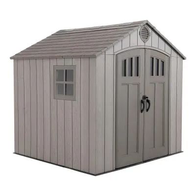 a small shed with the door open and windows on it's side, in front of a white background