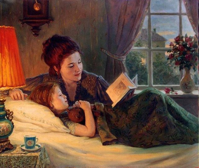 a painting of a woman reading to a child on a bed with a lamp next to her