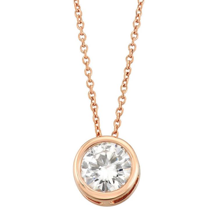 Simple, yet elegant, this Charles & Colvard lab-created moissanite bezel pendant adds a touch of sparkle to any outfit. Simple, yet elegant, this Charles & Colvard lab-created moissanite bezel pendant adds a touch of sparkle to any outfit. Chain length: 18 in. + 2-in. extender Chain type: cable Metal: 14k rose gold Finish: polished Packaging: boxedSTONE DETAILS Stone type: lab-created moissanite Total weight: 1 ct. Center stone size: 6.5 mm x 6.5 mm Shape: round brilliant Setting: bezel Classic Rose Gold Moissanite Necklace, Elegant Rose Gold Moissanite Diamond Necklace, Rose Gold Moissanite Round Pendant Necklace, Rose Gold Moissanite Solitaire Necklace For Anniversary, Anniversary Rose Gold Solitaire Moissanite Necklace, Rose Gold Round Cut Diamond Necklace With Bezel Setting, Rose Gold Diamond Necklace With Bezel Setting, Rose Gold Diamond Necklace With Moissanite And Diamond Accents, Rose Gold Diamond Necklace With Bezel Setting For Anniversary