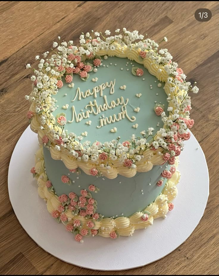 a birthday cake decorated with flowers on a plate