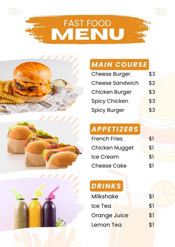 a menu for a fast food restaurant with different foods and drinks on the side, including fries