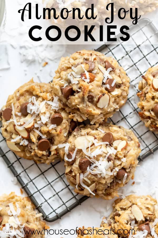 chocolate chip almond joy cookies on a cooling rack with coconut flakes and text overlay