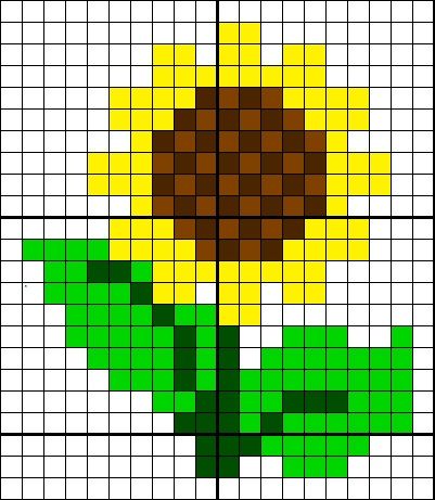 a cross stitch pattern with a sunflower on the center and green leaves in the middle