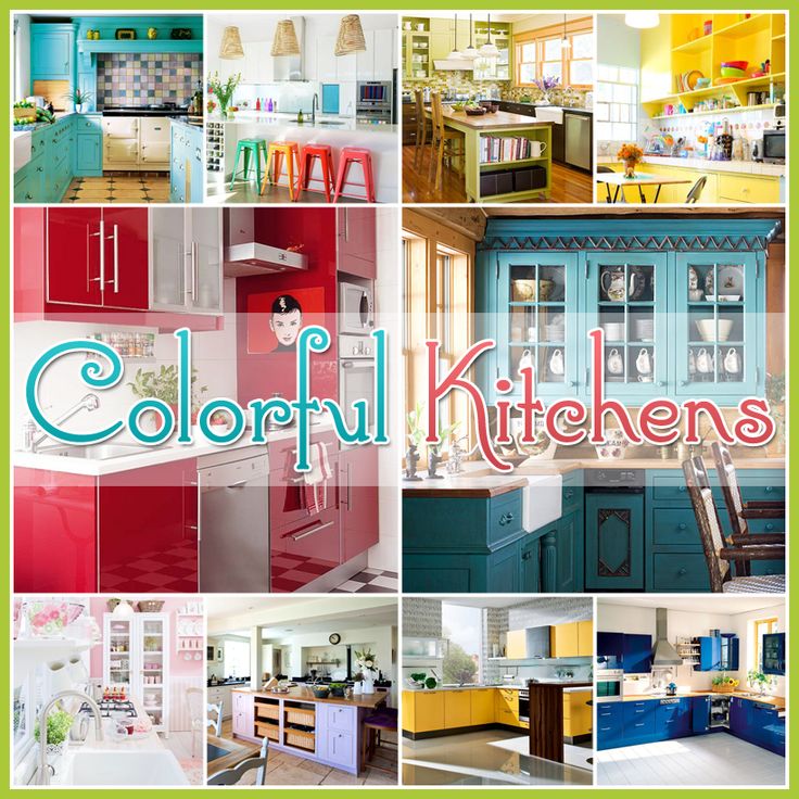 colorful kitchen cabinets are featured in this collage with the words colorful kitchens above them