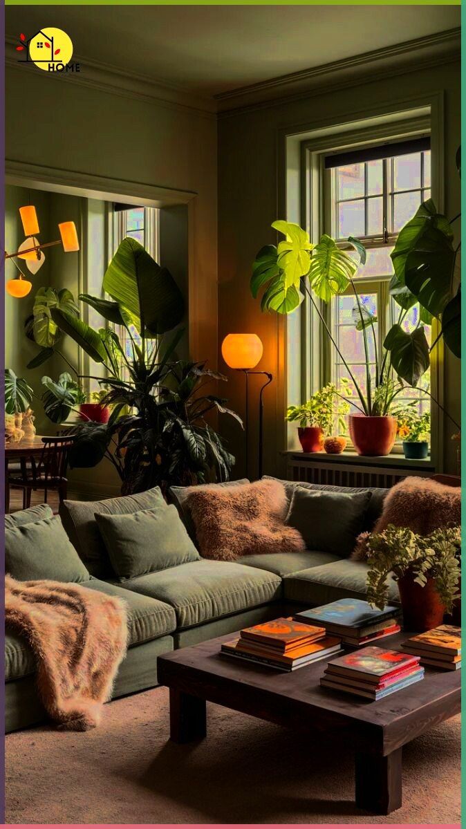 a living room filled with lots of furniture and potted plants on the windowsill