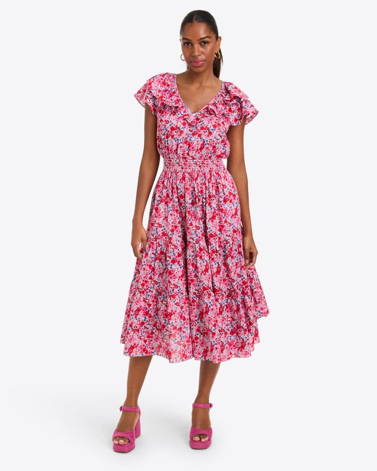 Marie Midi Dress in Cotton Lounge Pajamas, Midi Dress Casual, Tier Skirt, Tiered Skirt, Floral Midi Dress, Flutter Sleeves, Kids Tops, Hat Hairstyles, Flutter Sleeve