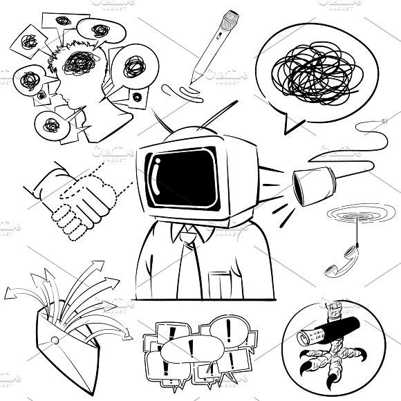 black and white doodles with different things in the shape of a tv set