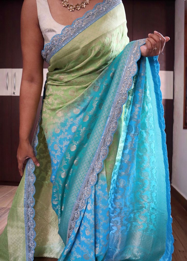 *Pure khaddi Georgette silk saree in antique jaal weaves with our favorite sabyasachi borders* In triple shaded 💕💕 Zari woven buttas on blouse piece with border        Occasions :- This Saree is Specially design for wedding, Party and Festive Season of indian women's wear. You can wear it on different occasions such as traditional functions, parties, family gatherings, weddings, haldi ceremony, etc           length: 5.50 Meters || Blouse fabric length: 1.00 Meter  ✅ Occasion: Festival Special Fusion Style Silk Pre-draped Saree With Cutdana, Fusion Style Pre-draped Saree With Pallu, Fusion Style Pre-draped Saree With Traditional Drape, Designer Tussar Silk Pre-draped Saree With Border, Fusion Style Pre-draped Saree With Zari Work, Fusion Festive Pre-draped Saree With Pallu, Festive Fusion Pre-draped Saree With Pallu, Fusion Style Festive Pre-draped Saree, Festive Fusion Pre-draped Saree