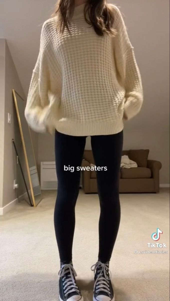 School Outfits With Sweaters, Leggings And Sweater Aesthetic, Pencil Skirt And Jumper Outfit, Leggings Outfit Winter Aesthetic, Leggings And A Sweater, Comfy Downtown Outfit, Big Sweatshirt Outfit Leggings, Waffle Knit Sweater Outfit, Sweater And Leggings Outfit Casual