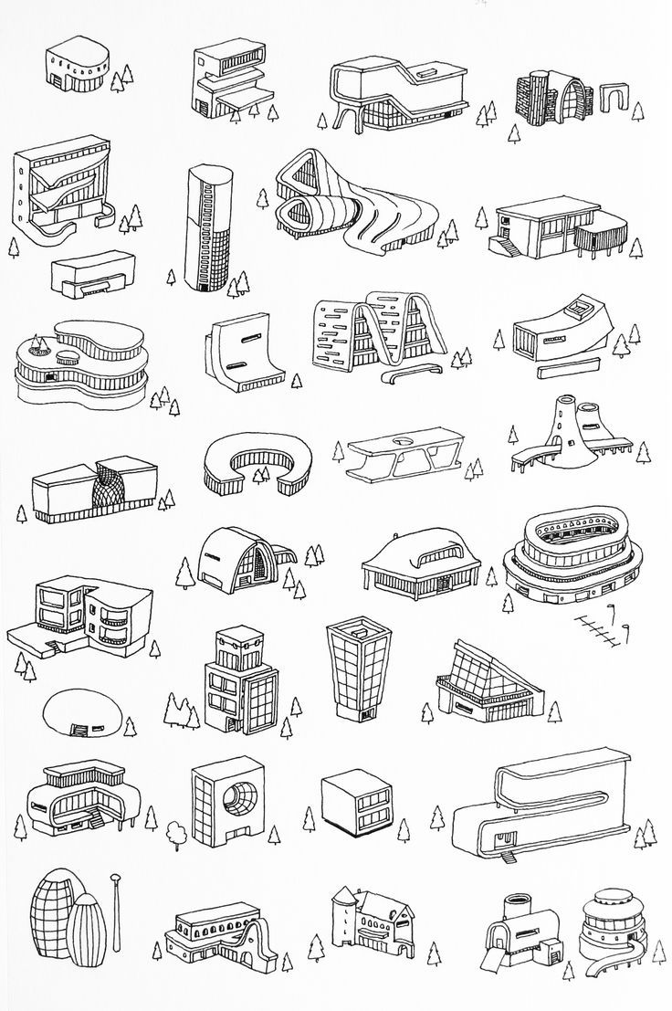 black and white drawing of different types of buildings