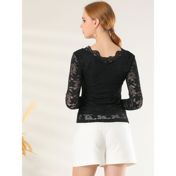 Made of lightweight semi-sheer fabric in a fitting silhouette, this elegant lace blouse is designed with a lace trim and full sleeves, which is an effortless option for weddings, night outings, or parties. A flattering deep V-neckline and long feminine sleeves, show your enchantment better. A scalloped lace trim and lace panel add a romantic feeling to this stretchy blouse, especially for teens, girls, or ladies. Slim fit design, makes you look more elegant. Perfect match mini skirts for a chic Elegant Black Top With Scalloped Lace, Elegant Black Tops With Scalloped Lace, Black Long Sleeve Blouse With Lace Cuffs, Elegant Black Scalloped Lace Top, Black Long Sleeve Top With Lace Patchwork, Black Long Sleeve Tops With Lace Patchwork, Elegant Long Sleeve Lace Top With Scalloped Edges, Elegant Long Sleeve Scalloped Lace Top, Black Long Sleeve Lace Top With Lace Collar