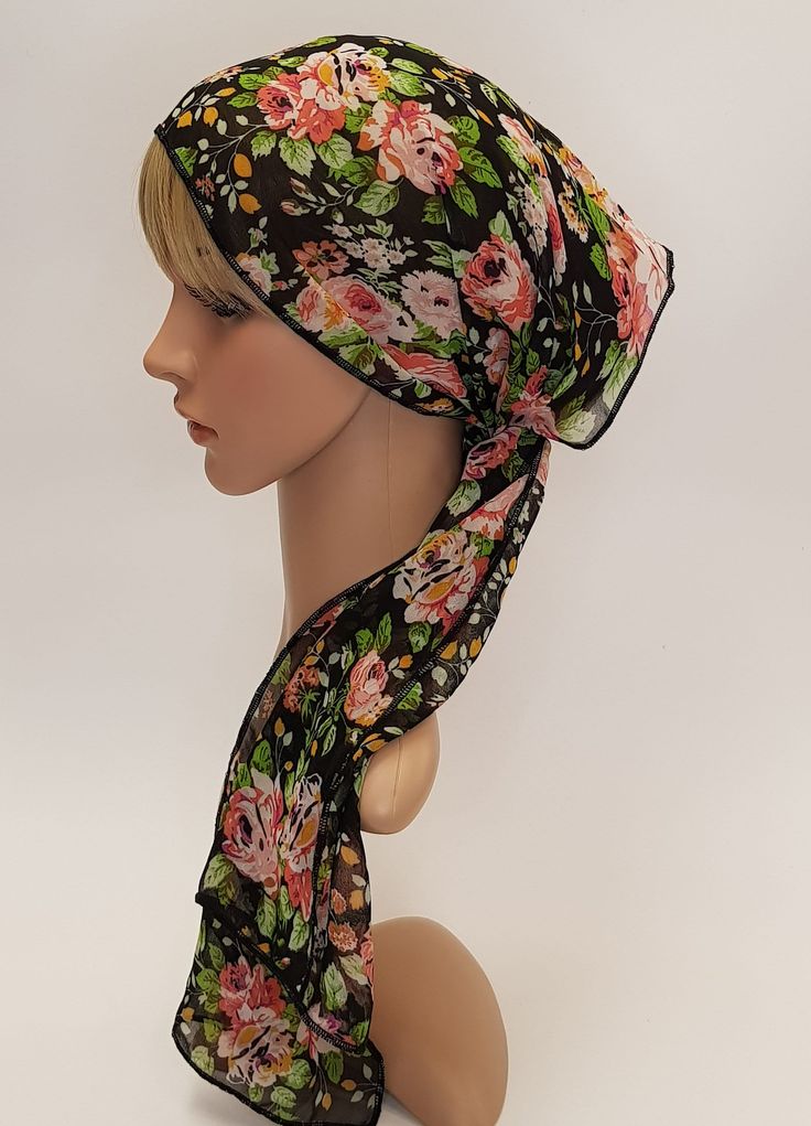 Chiffon summer headband, extra wide hair covering, lightweight floral head scarf, hair wrap, head wrap, neck scarf. The dimensions of this scarf : the length - 145 cm ( 57 inches) ; the width - 29 cm ( 11 inches). I made this Stylish Headscarf from lightweight polyester chiffon fabric, one single layer of fabric has been processed by overlock. The scarf is not pre-tied , this is self tie head scarf. The Head Scarf looks amazing and can help you in many ways. The style is elegant and practical. H One Size Summer Beach Headscarf, Bohemian Headwrap For Spring Beach Days, Bohemian Headwrap For Beach And Spring, Black Beach Headscarf One Size, Summer Bandana Scarf Headband, Summer Bandana Scarf Shaped As Headband, Summer Stretch Turban, Summer Festival Headscarf, Black Headscarf For Beach