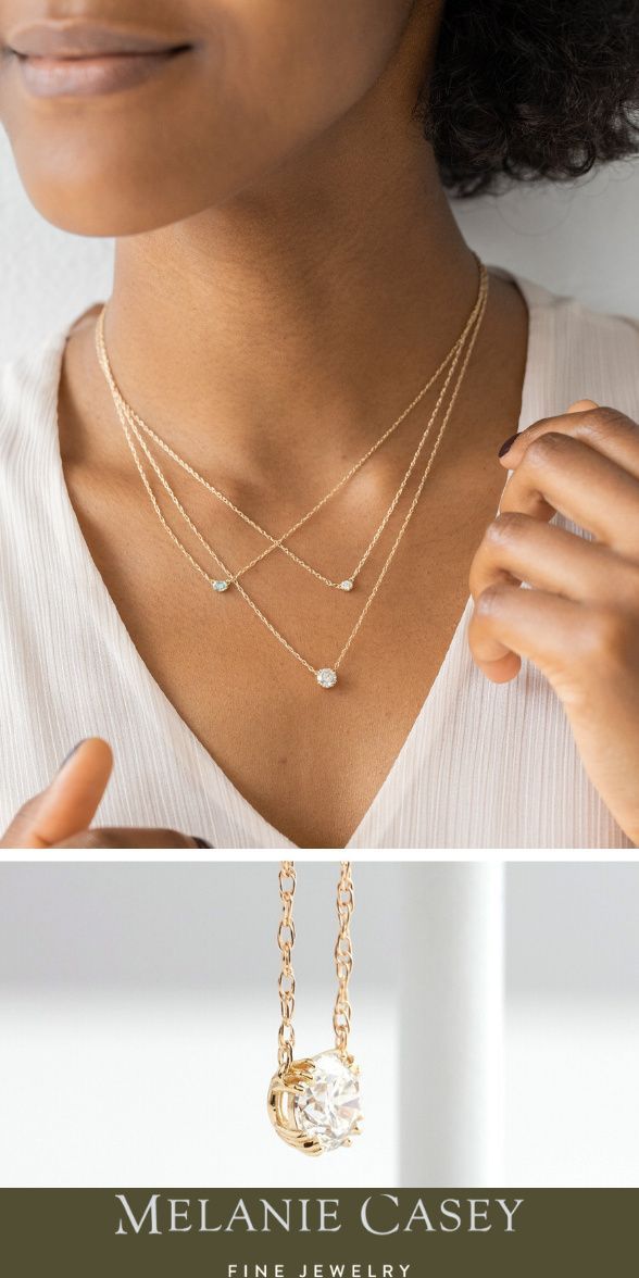 Solitary diamond necklaces are a true classic. We love how they add an elegant touch to any outfit. Our Diamond Unveiled Necklace features the same airy open basket design as our signature Diamond Unveiled engagement rings. Find more photos on melaniecasey.com! Unique Diamond Pendant, Small Diamond Necklace, Floating Diamond Necklace, Dainty Gold Chain, Melanie Casey, Dainty Diamond Necklace, Thread Necklace, Loose Ends, Diamond Necklaces