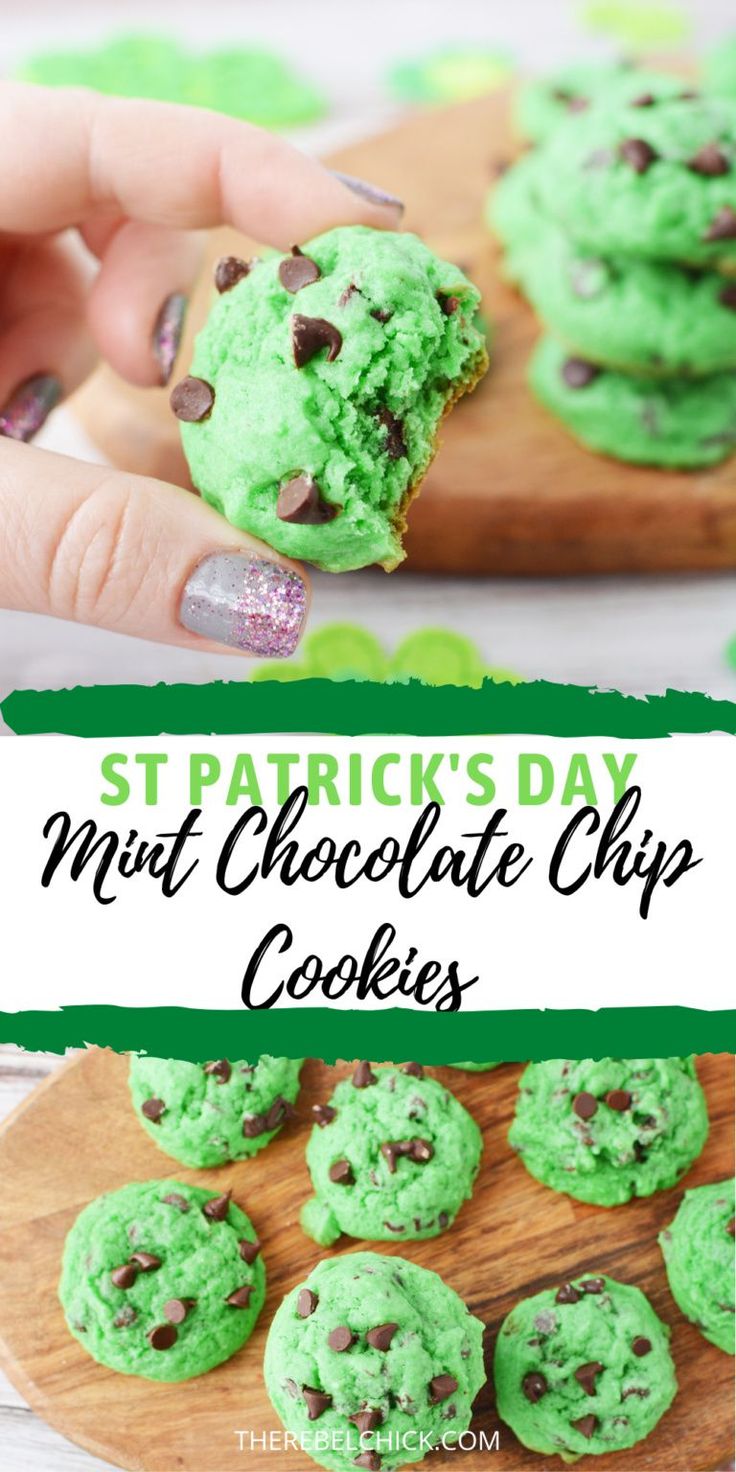 green chocolate chip cookies with text overlay that reads st patrick's day mint chocolate chip cookies