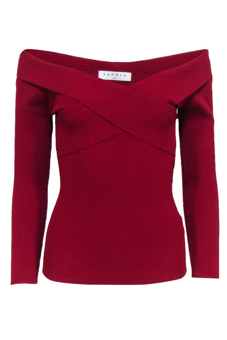 Current Boutique-Sandro - Red Off-the-Shoulder Cross-Front Ribbed Knit Top Sz 6 Chic Red Knit Top For Fall, Red Off-shoulder Tops For Fall, Red Off-shoulder Top For Evening, Fall Season Red Off-shoulder Tops, Fall Off-shoulder Red Tops, Red Fitted Off-shoulder Top, Red Off-shoulder Top For Night Out, Red Tops For Winter Evening, Winter Off-shoulder Tops For Night Out