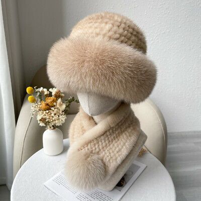 (eBay) Women's Real Mink Fur Hat + Real Mink Fur scarf Knitted Beanies Stretch Ski Cap Fur Hats For Women, Warm Winter Hats One Size, Warm Beige Hat One Size, Beige One-size Hat For Cold Weather, Winter Brimmed Acrylic Beanie, Brimmed Acrylic Beanie For Winter, Brimmed Acrylic Winter Beanie, Beige Warm Bonnet One Size, Winter Acrylic Hat One Size