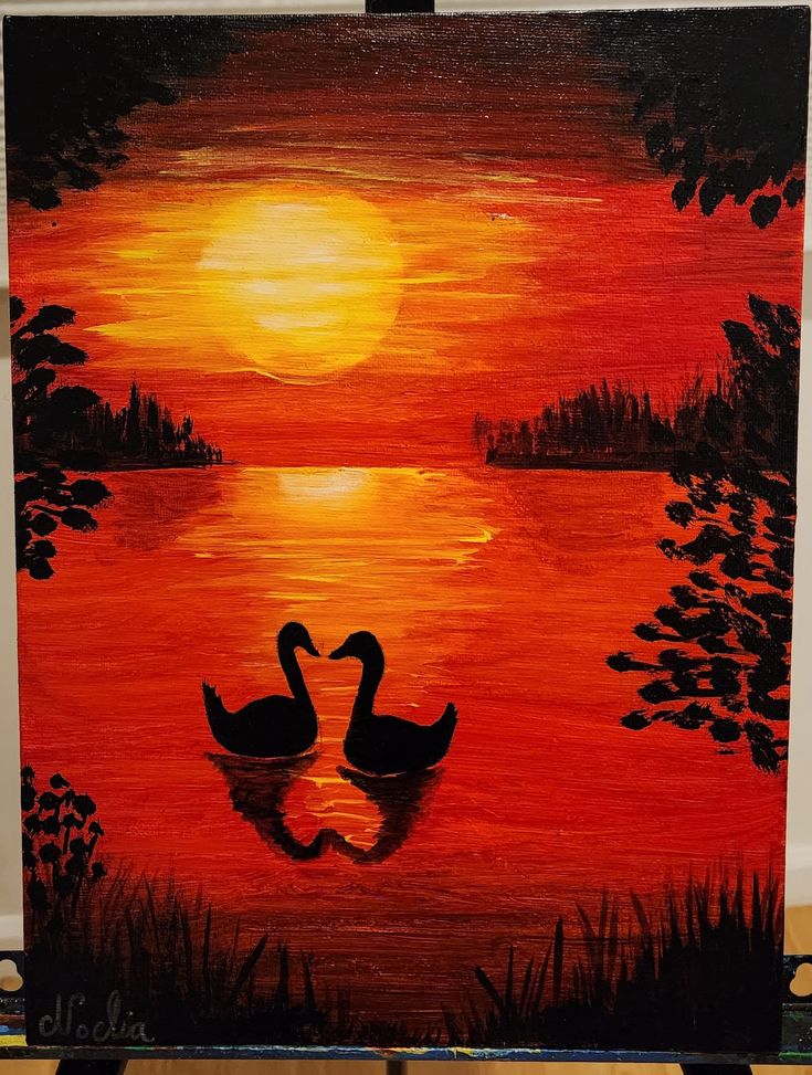 an acrylic painting of two ducks in front of a sunset on the water