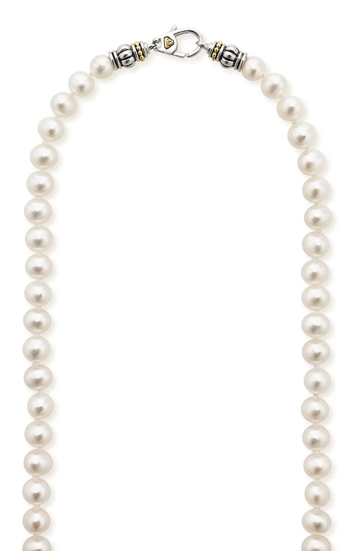 Gorgeous freshwater pearls line a timeless necklace crafted with a signature sterling silver and 18-karat-gold LAGOS clasp. 18" length Pearl size: 6–6.5mm Lobster clasp closure Cultured freshwater pearl/sterling silver/18k gold Imported Classic Pearl Necklace With Sterling Silver Clasp, Classic Pearl Necklace With Lobster Clasp And Round Beads, Classic Pearl Necklace With Lobster Clasp, Luxury Akoya Pearl Necklace With Sterling Silver Clasp, Timeless Pearl Necklace With Sterling Silver Clasp, Elegant Akoya Pearl Necklace With Sterling Silver Clasp, Classic Pearl White Necklace With Sterling Silver Clasp, Elegant Pearl Necklace With Lobster Clasp For Anniversary, Formal Pearl Necklace With Sterling Silver Clasp