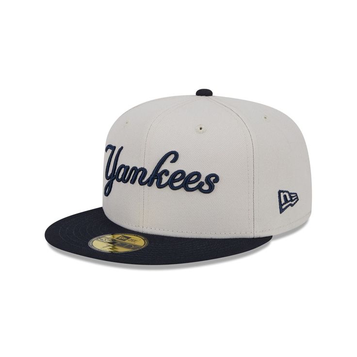 The New York Yankees Coop Logo Select 59FIFTY Fitted Cap features an embroidered Yankees wordmark at the front panels with a matching alternate team wordmark above a Cooperstown MLB Batterman logo at the rear. Additional details include a 1951 World Series patch at the right-wear side, a navy visor, and a gray undervisor. Throwback Baseball Cap With Embroidered Logo For Game Day, Game Day Fitted Hat With Embroidered Logo, Collegiate Fitted Baseball Cap With Logo Patch, College Fitted Hat With Embroidered Logo And Curved Brim, Embroidered Logo Fitted Hat For Baseball Season, White Hat With Letter Patch For Streetwear, Curved Brim College Fitted Hat With Embroidered Logo, White Letter Patch Hat For Streetwear, Curved Brim Fitted Hat With Embroidered Logo For College