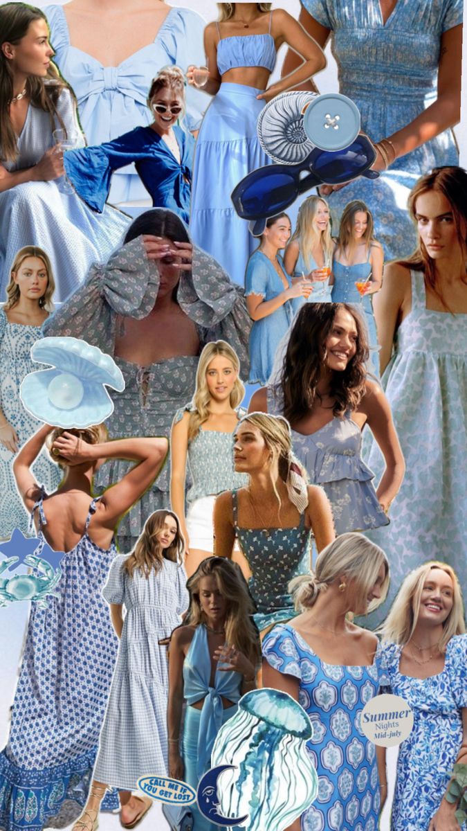 a collage of women in blue dresses and hats