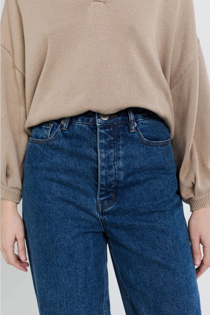 Classic barrel style denim. High waisted with a button and zip-fly closure. Material: 100% Cotton Medium Wash Straight Bottoms For Fall, Straight Bottoms In Medium Wash For Fall, High-waist Medium Wash Cropped Jeans, Everyday Cropped Denim Jeans For Fall, Everyday Mid-rise Fall Jeans, Everyday Mid-rise Jeans For Fall, Fall Cropped Denim Jeans For Everyday, Fall Everyday Cropped Denim Jeans, Fall Medium Wash Cropped Tapered Leg Jeans