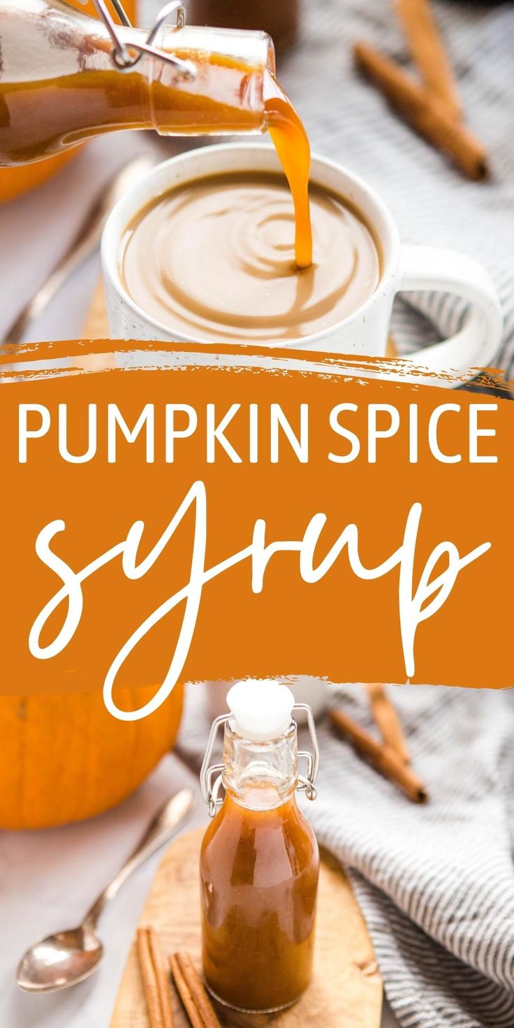 pumpkin spice syrup is being poured into a glass jar with cinnamon sticks on the side