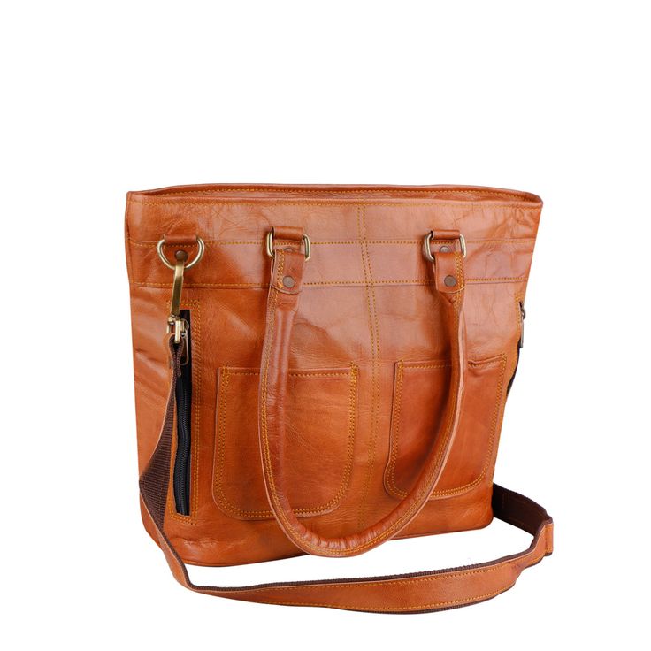 Cognac Hobo Bag For Travel, Dark Tan Shoulder Satchel For Everyday, Dark Tan Tote Bag For Travel, Chic Brown Hobo Bag With Zipper Pocket, Dark Tan Travel Bag With Double Handle, Cognac Travel Bag With Zipper Closure, Dark Tan Double Handle Travel Bag, Travel Bag In Cognac With Zipper Closure, Brown Tote Laptop Bag With Zipper