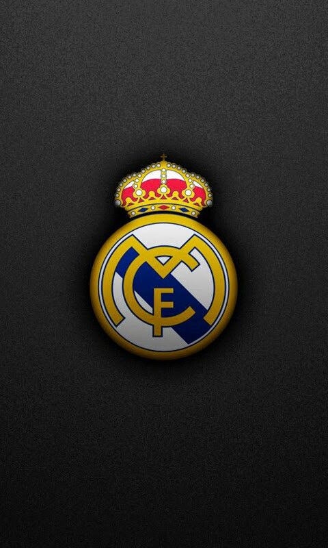 the real madrid football club logo on a black background with red and yellow crown above it