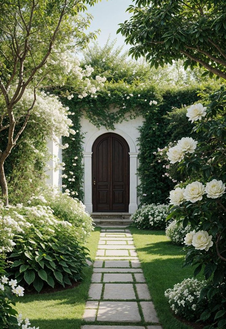 a garden with white flowers and greenery surrounding the entrance to a building that has a wooden door