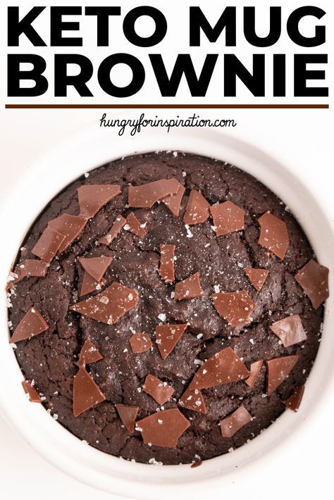 chocolate keto mug brownie in a white bowl with text overlay that says keto mug brownie