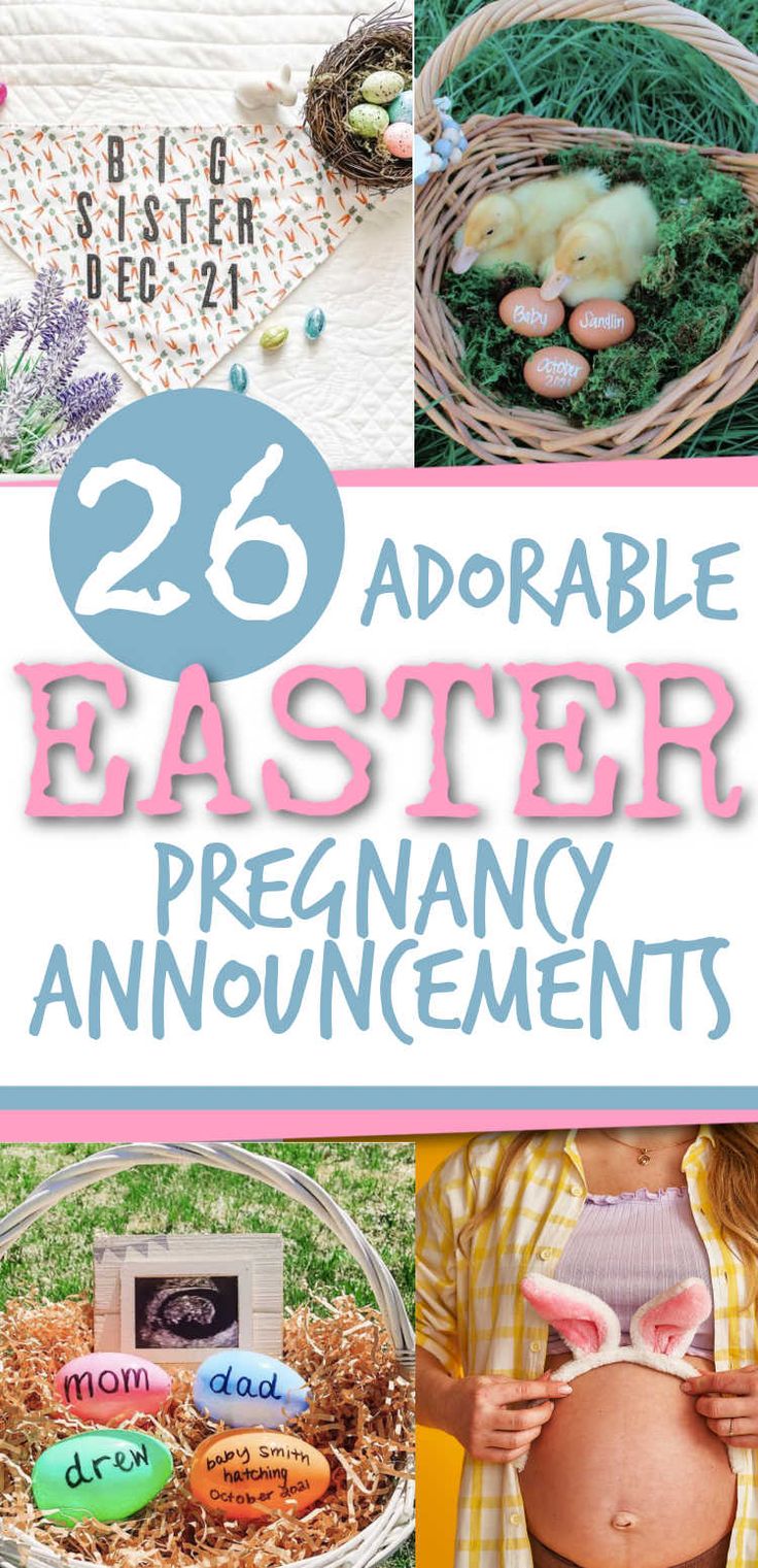 some pictures with eggs in them and the words, 26 adorable easter pregnancy announcements