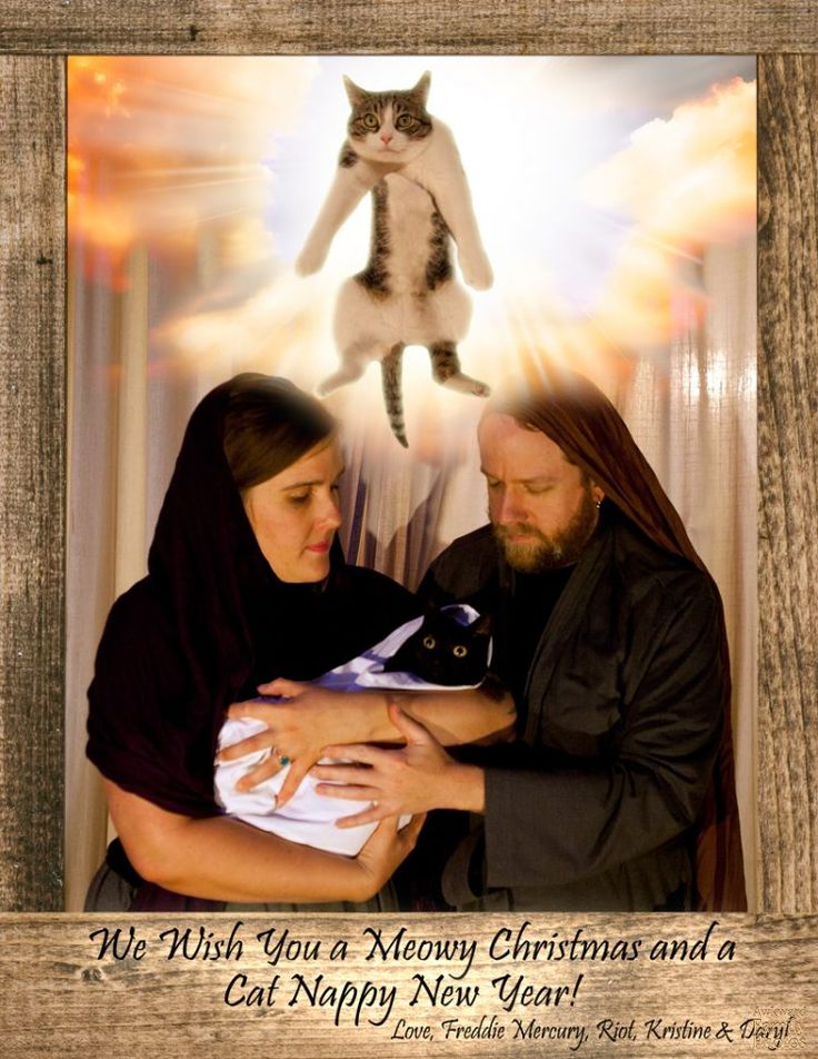 a woman holding a baby next to a man with a cat on top of her