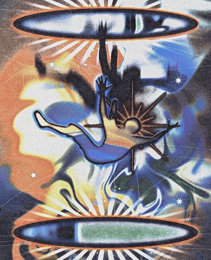 an artistic painting depicting a person falling from the sky