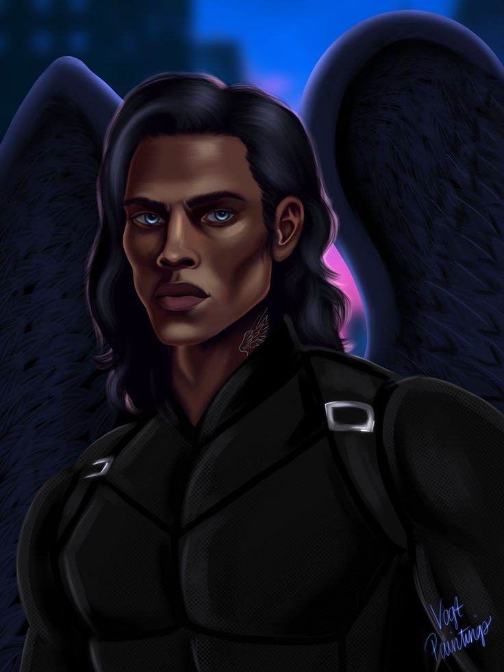 an image of a man with black hair and angel wings on his chest, looking at the camera