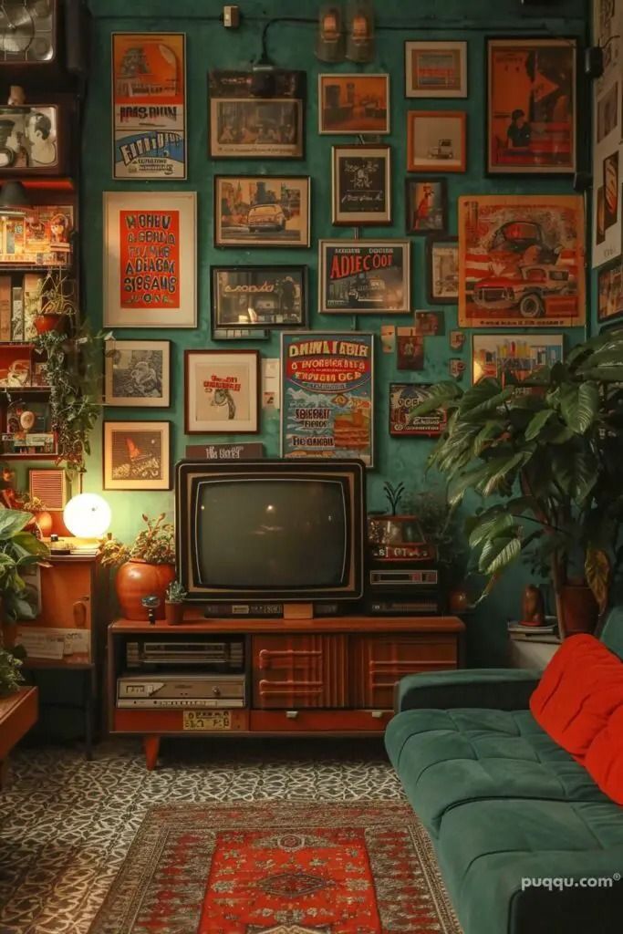 a living room with green walls and pictures on the wall, including an old tv