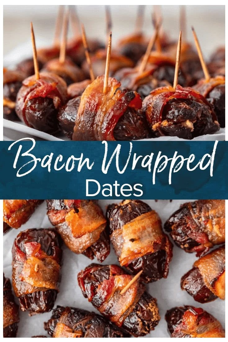 bacon wrapped dates with toothpicks on them and the title above reads bacon wrapped dates