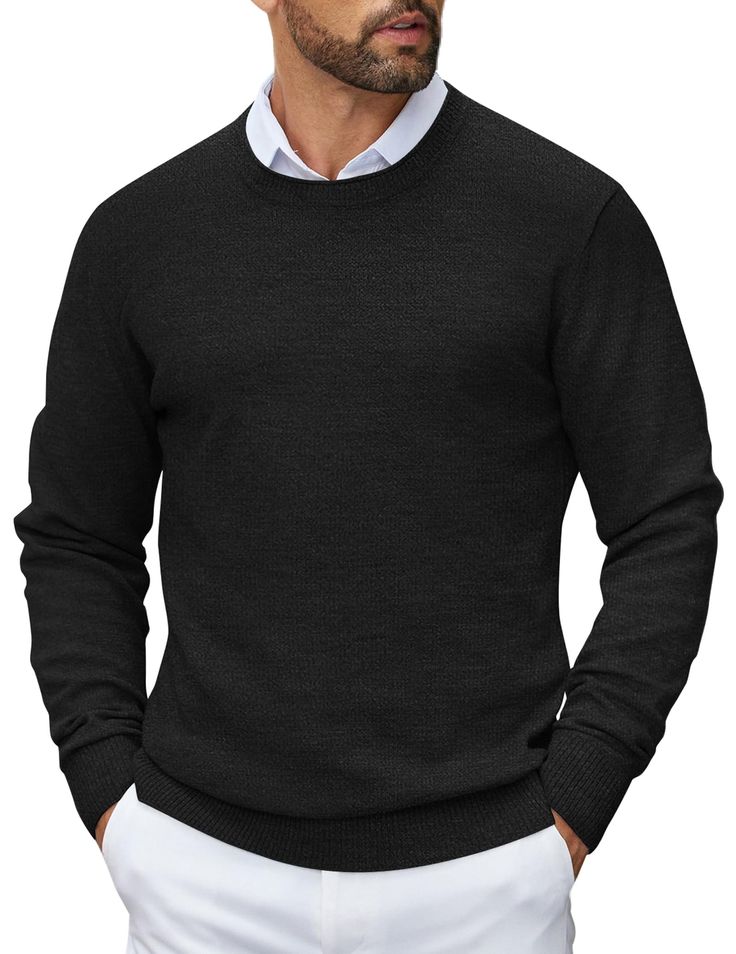 PRICES MAY VARY. 【Comfortable Fabric】Men's Crew Neck Sweater made of soft, lightweight and stretchy material, which warmth with out the weight, provides a comfort and warm wearing experience in chill days. 【Classic Looking】Mens Knit Sweater features with special crewneck design, basic dress sweater style, slim fit, long sleeve, solid colors, ribbed hem and cuffs. Stylish all while keeping you warm. 【Versatile】This Mens Pullover Sweater is a versatile and fashionable addition to your wardrobe. Yo Solid Crew Neck Stretch Sweater, Solid Stretch Crew Neck Sweater, Crew Neck Knit Sweater For Layering, Stretch Knit Sweatshirt With Crew Neck, Stretch Knit Crew Neck Sweatshirt, Knit Crew Neck Sweatshirt, Knit Stretch Sweatshirt With Crew Neck, Crew Neck Sweater With Stretch Knit Fabrication, Knit Crew Sweater