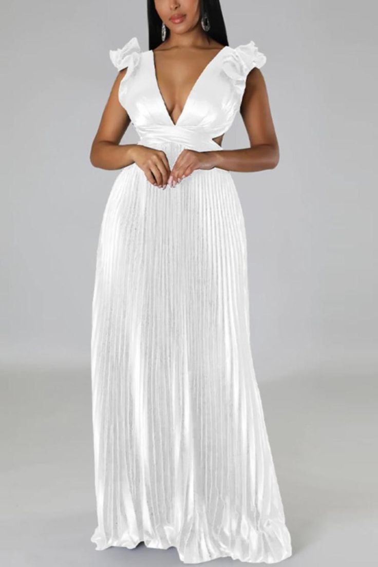 Deep V-neck Backless Lace-up Maxi Dress - S / White White Pleated V-neck Maxi Dress, White V-neck Pleated Maxi Dress, White V-neck Stretch Maxi Dress, White Stretch V-neck Maxi Dress, Stretch V-neck Maxi Dress, Stretch Pleated Maxi Dress For Date Night, White Maxi V-neck Party Dress, Pleated V-neck Maxi Dress For Night Out, White V-neck Maxi Dress For Party