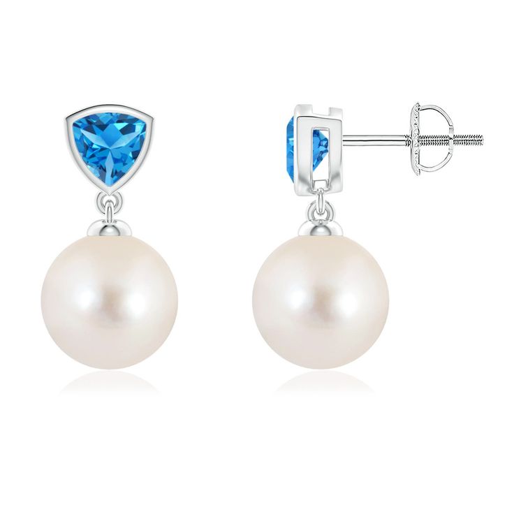 The Freshwater cultured pearls are linked to trillion Swiss blue topaz tops and look gorgeous. Held in bezel settings, the stunning tropical blue gems make a stunning contrast with the pearls. These elegant pearl and Swiss blue topaz drop earrings are crafted in 14k white gold. Tropical Blue, Freshwater Pearls Earrings, Blue Gems, Swiss Blue Topaz, Freshwater Cultured Pearls, Cultured Pearls, Blue Topaz, Fresh Water, Freshwater Pearls