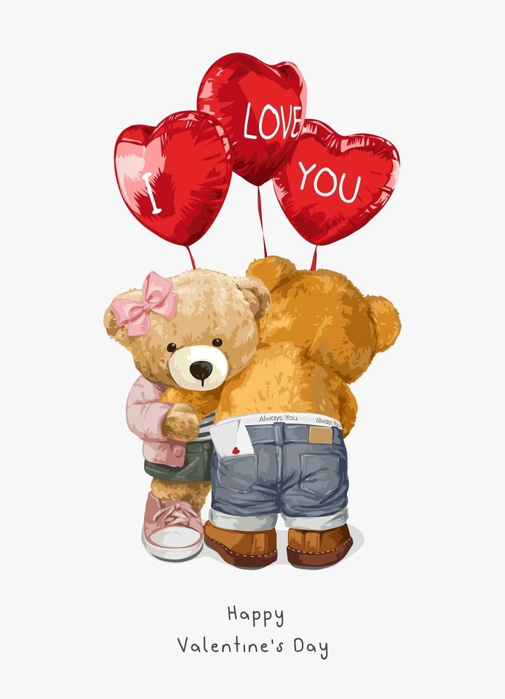 a teddy bear holding two heart shaped balloons with the words i love you on it