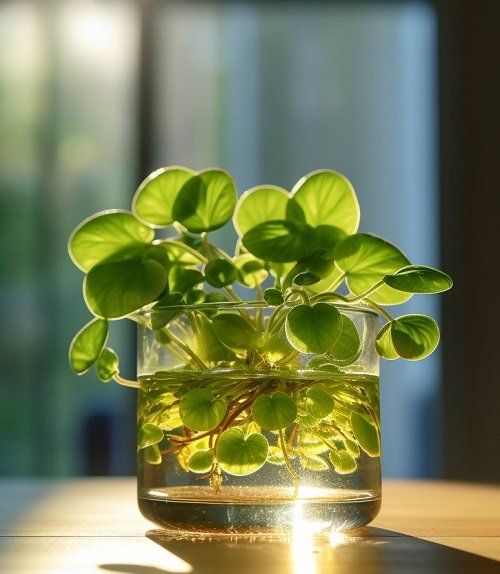 a glass vase filled with green plants on top of a wooden table