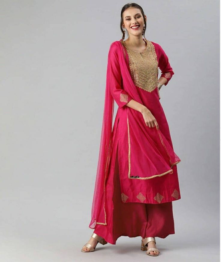 *Pink embroidered kurta with palazzos and dupatta *Pink straight calf length kurta, has a round neck, three-quarter sleeves, side slits *Pink  solid palazzos, has elasticated waistband, slip-on closure *Pink solid dupatta, has taping border *Fabric:- Kurta fabric: chanderi cotton Bottom fabric: cotton blend Dupatta fabric: net *Wash Care:- Dry Clean  AVAILABLE IN 6 SIZES THEY ARE IN FOLLOWING MEASUREMENTS IN INCHES:- XS:- Bust-34/Shoulder-13.5/Top Length-45/Bottom Waist-26/Bottom Length-36/Hip-3 Eid Pink Kurta With Dabka Work, Pink Straight Kurta Sets For Celebration, Pink Straight Kurta For Festive Occasions, Pink Palazzo Set For Festive Occasions During Eid, Pink Kurta For Celebration, Pink Self-design Kurta For Celebration, Diwali Pink Kurta With Dabka Work, Unstitched Pink Palazzo Set With Self Design, Pink Straight Kurta Sets For Diwali