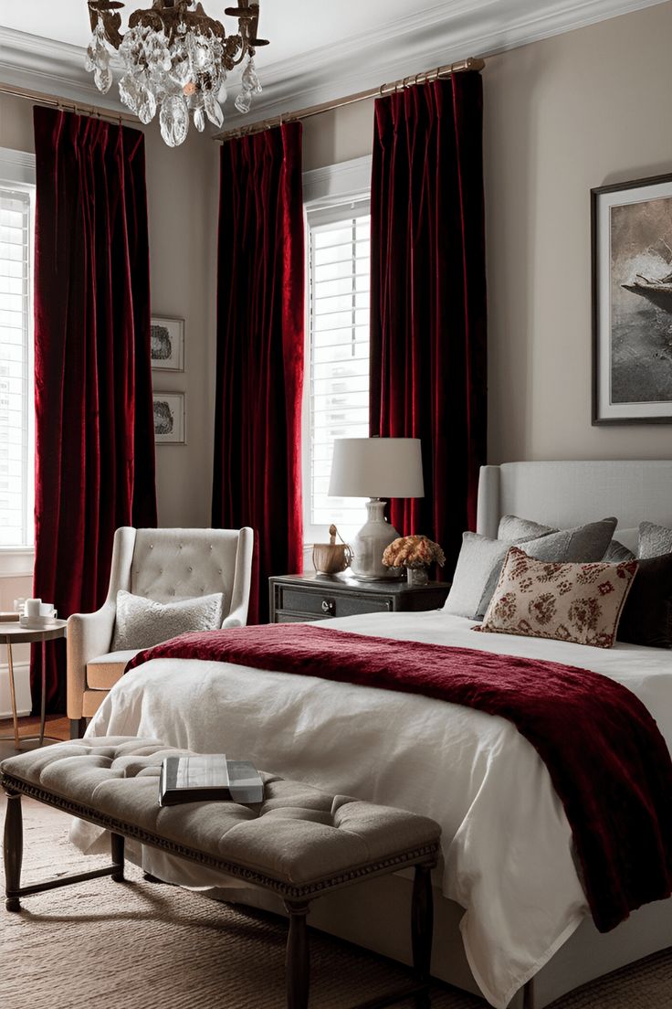 a bedroom with red curtains and white bedding in front of a chandelier