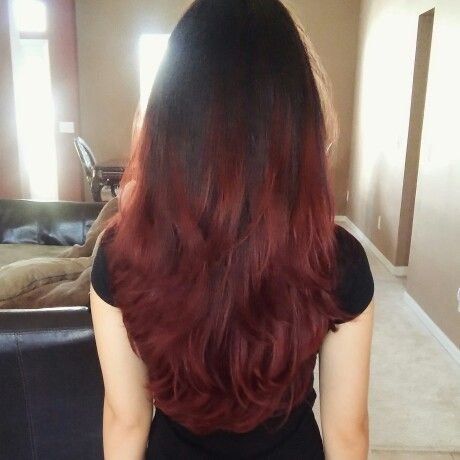 Brown Into Red Ombre, Red Hair Ombre Brown, Ombre Dark Red Hair, Red Faded Hair, Red Ends Hair, Black Hair With Red Ends, Red Ends On Brown Hair, Red Hair Ends, Red Burgandy Hair