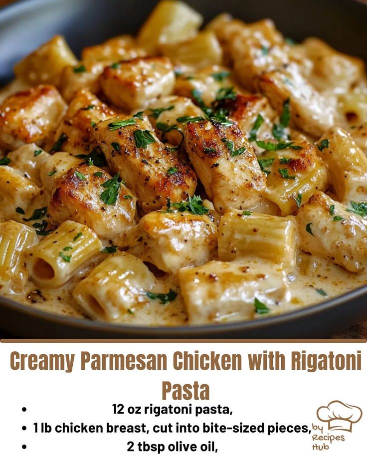 Creamy Parmesan Chicken with Rigatoni Pasta Rigatoni Recipes Easy, Chicken Macaroni Recipe, Rigatoni Pasta Recipes, Creamy Parmesan Chicken, Rigatoni Recipes, Mexican Casserole Recipe, Best Macaroni Salad, Chicken Parmesan Pasta, Macaroni Recipes