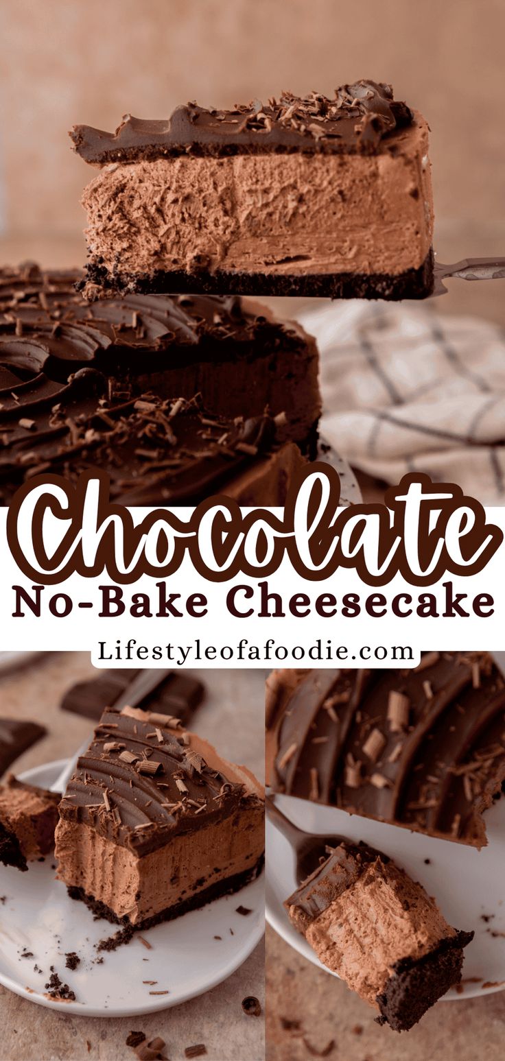 chocolate no - bake cheesecake on a white plate with the title above it