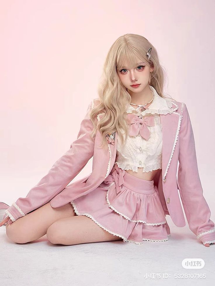 Pose Reference Female, Pink Academia Aesthetic Outfit, Kawaii Model Poses, Pink Kawaii Dress Outfit, Cute Pink Stage Outfits, Pink Outfits Aesthetic, Pink Lace Kawaii, Pink Fairy Kei Mini Dress For Summer, Dynasty Outfits